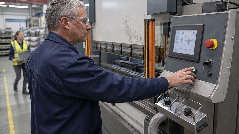 Un operario con gafas de seguridad apoya la mano en el pulsador verde de puesta en marcha de una plegadora hidráulica; el panel incluye parada de emergencia, selector de modo y pantalla, complementado por un mando bimanual inferior y una cortina óptica.