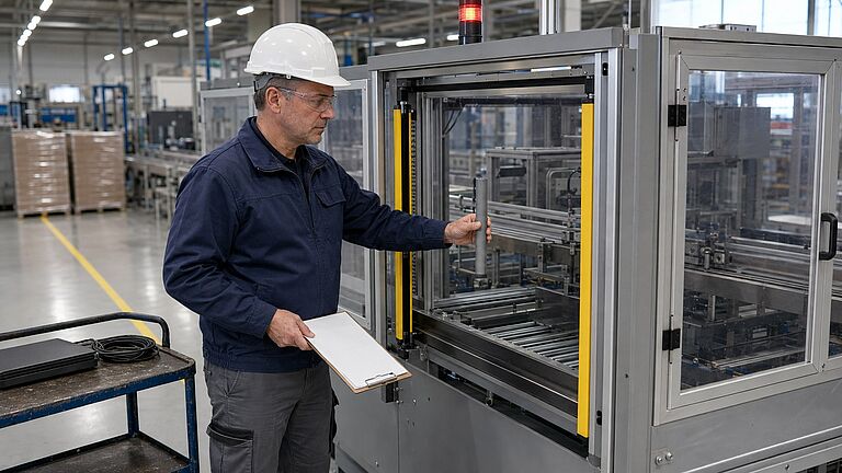 Técnico de puesta en servicio realizando el ensayo funcional de una barrera optoelectrónica con varilla de prueba en una encajadora automática detenida, verificando la respuesta de la función de seguridad antes de la puesta en servicio.