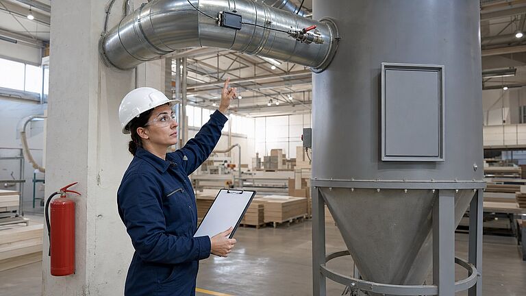 Una ingeniera de seguridad con casco y gafas de protección verifica la instrumentación de detección de chispas y el panel de venteo de explosión en el conducto de aspiración de un colector de polvo industrial.