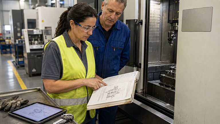 Una operaria con gafas de seguridad y chaleco de alta visibilidad sostiene abierto el manual impreso y señala un plano de la máquina mientras un técnico con mono azul lee la misma página, junto a un centro de mecanizado con el resguardo abierto; en la mesa, una tableta con un esquema, guantes y llaves Allen. El manual acompaña a la máquina y documenta su uso y mantenimiento seguros.